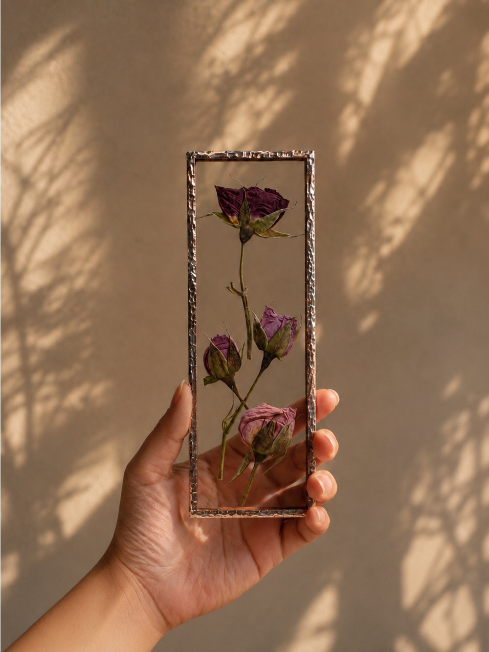 Pressed Purple Rose Buds in Glass Panel